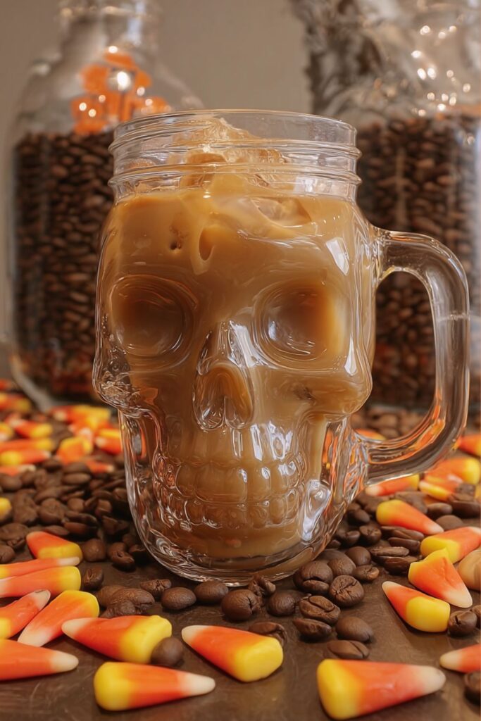 A tall glass of shaken espresso mixed with pumpkin simple syrup and brown sugar, topped with frothy milk and a dash of cinnamon, representing festive Halloween coffee drinks.