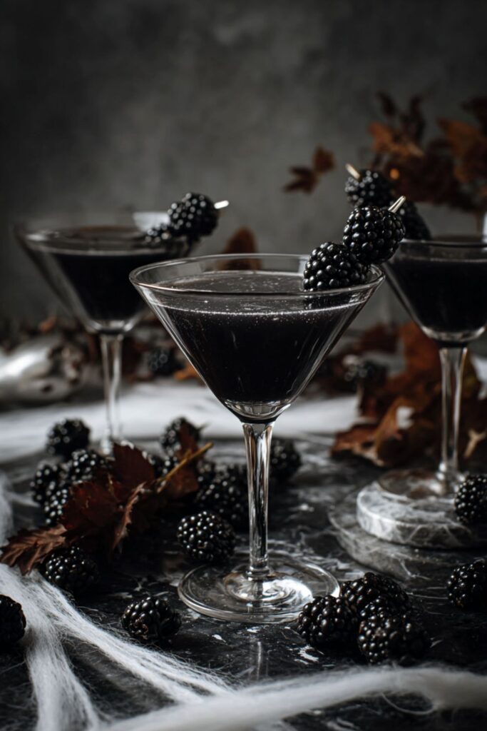 A dark black Halloween cocktail in a martini glass, topped with a splash of ginger beer and garnished with fresh blackberries, making it a spooky Halloween alcoholic drink.