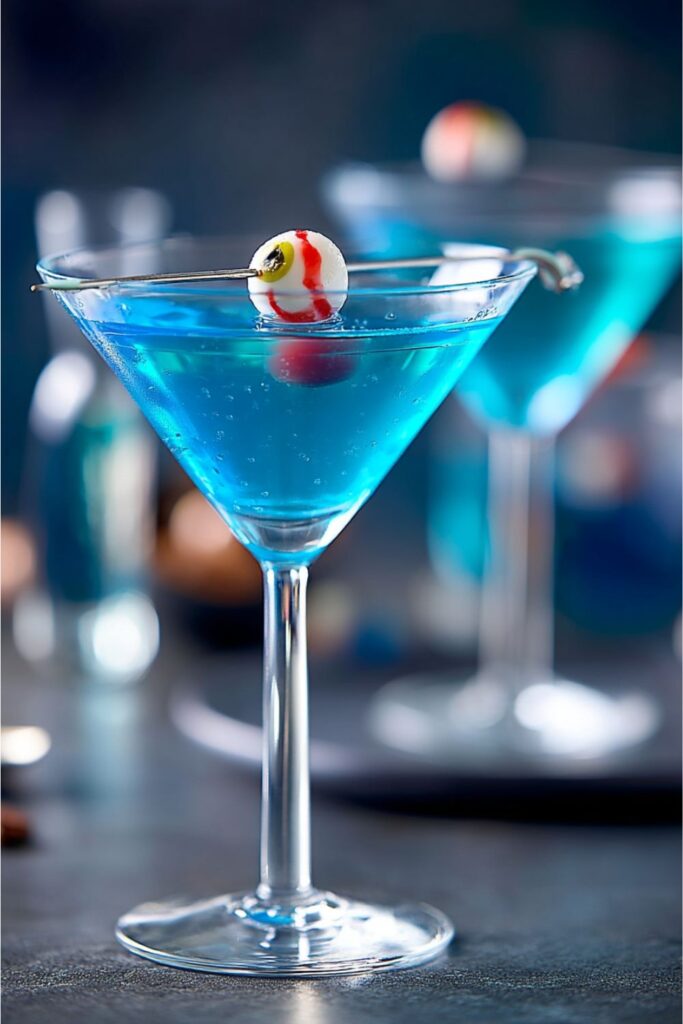 A vibrant blue Halloween cocktail served in a martini glass, garnished with gummy eyeballs and ghost candies, making it a spooky and fun Halloween themed drink.