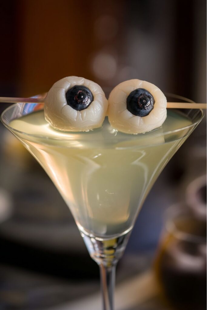 Martini glass filled with pale green Halloween cocktails, garnished with lychee and blueberry “eyeballs” on skewers, making them look like spooky Halloween alcoholic drinks.