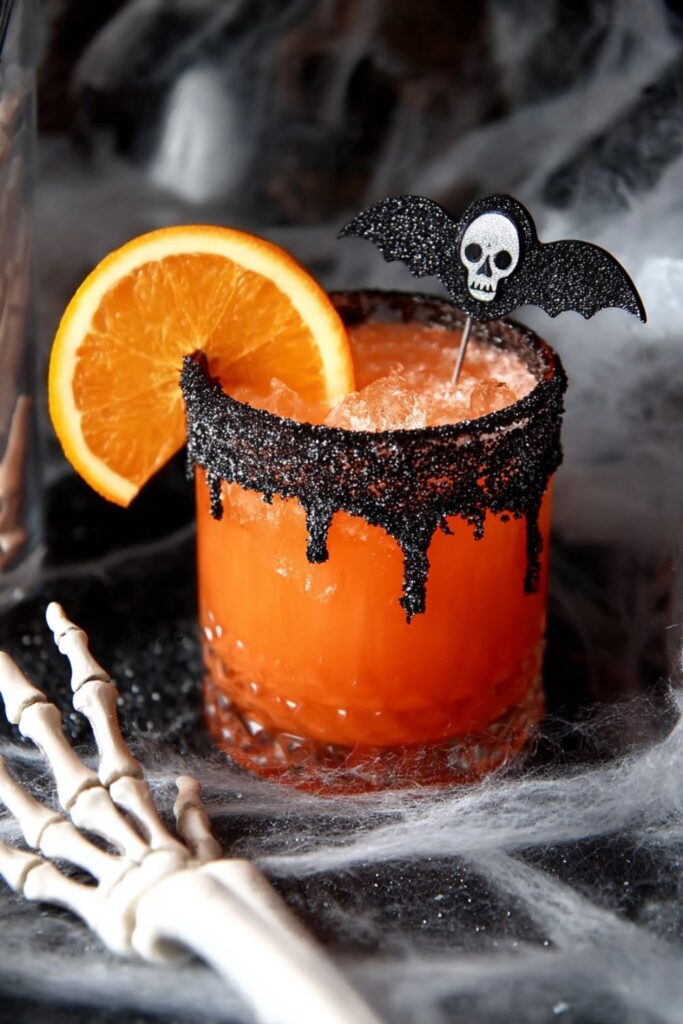 A festive orange tequila cocktail in a rocks glass rimmed with black sugar and coarse salt, topped with lime and orange slices, perfect for Halloween themed drinks.