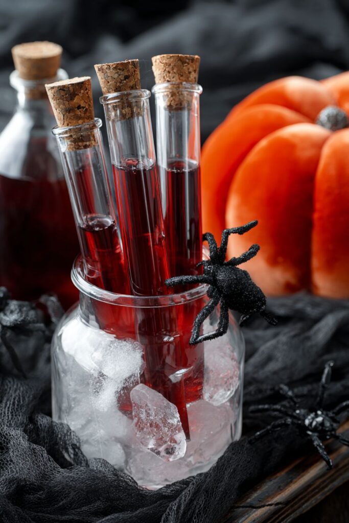 Clear glass test tubes filled with deep red Halloween cocktails made from Jägermeister, peach schnapps, and cranberry juice, sealed with cork tops and displayed upright for spooky Halloween themed drinks.