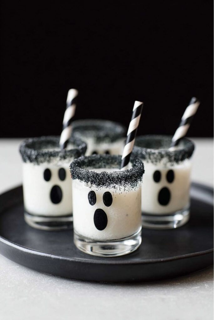 Small shot glasses rimmed with black sanding sugar, filled with creamy vanilla ice cream cocktails topped with whipped cream, served as spooky Halloween themed shots.