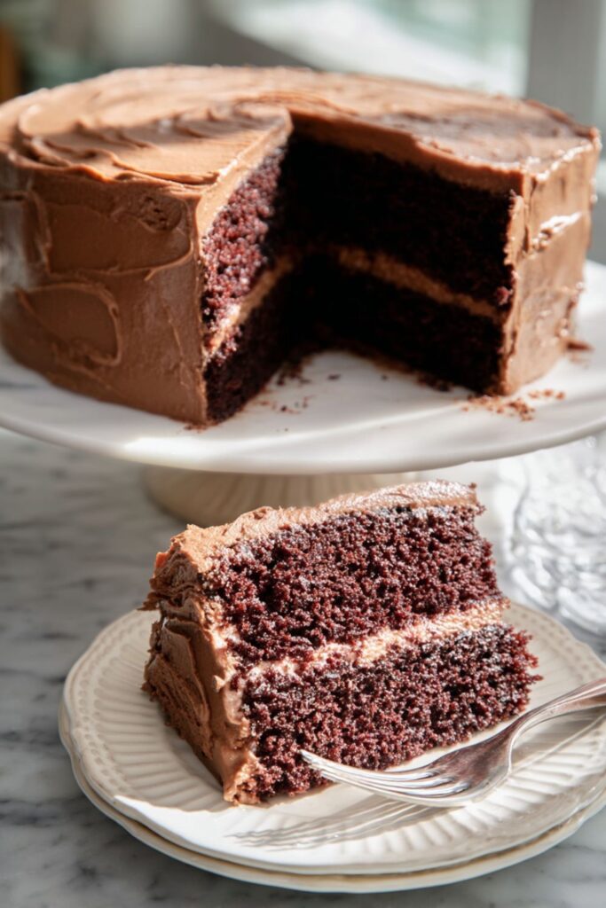 A tall chocolate layer cake from the best Ina Garten recipes, frosted with rich chocolate buttercream and set on a marble countertop, ready to slice and serve.