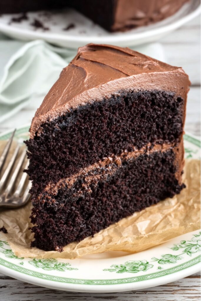 A rich chocolate layer cake inspired by Ina Garten recipes, topped with creamy chocolate frosting and served on a simple cake stand.