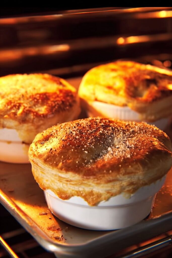 Individual chicken pot pies from the best Ina Garten recipes, with golden puff pastry crusts and flaky edges, served on a marble countertop, showcasing creamy filling with peas, carrots, and roasted chicken.