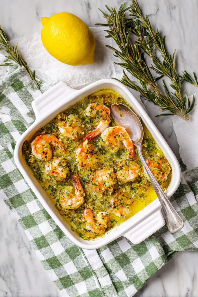 Baked shrimp scampi from Ina Garten recipes, arranged in a gratin dish with golden breadcrumb topping and lemon wedges.