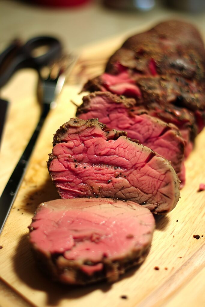 Juicy beef tenderloin from Ina Garten recipes, roasted with fresh tarragon and sliced for serving.