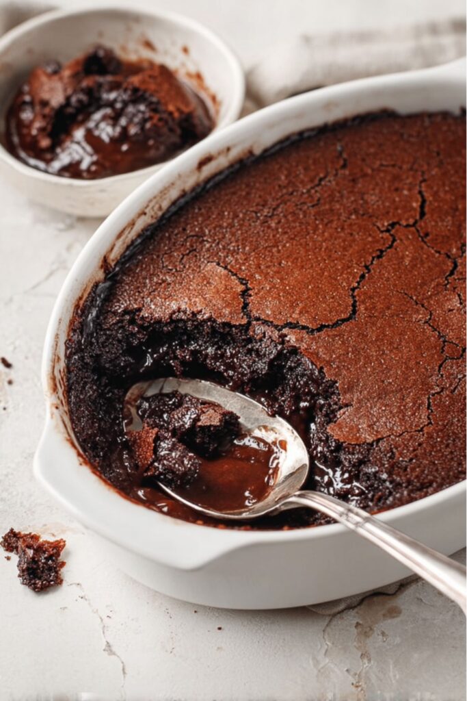Brownie pudding from Ina Garten recipes, baked with a gooey center and served warm with a scoop of vanilla ice cream.