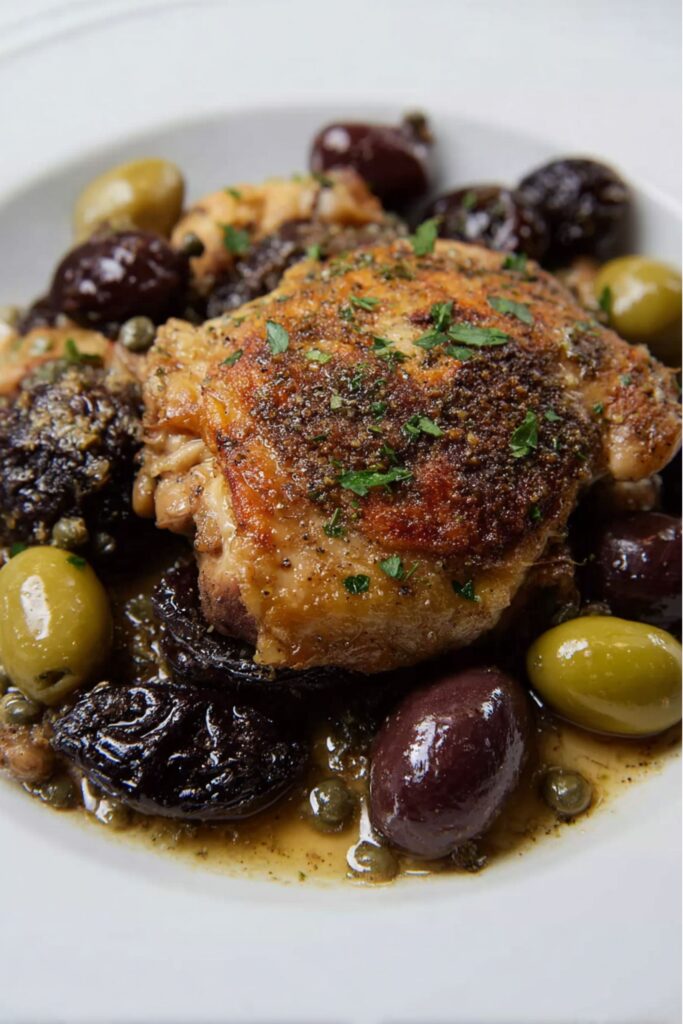 Chicken Marbella from Ina Garten recipes, baked with prunes, green olives, capers, and garlic in a rich marinade.