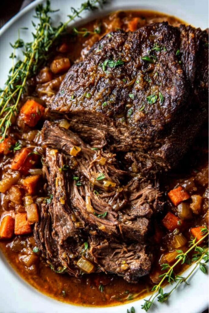 Classic beef pot roast from Ina Garten recipes, slow-cooked in a Dutch oven with carrots, onions, celery, and herbs, served with a rich vegetable sauce.