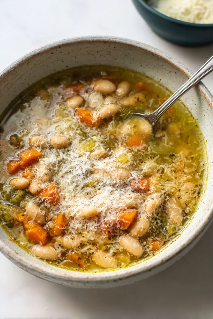 Hearty bean soup from Ina Garten recipes, simmered in a Dutch oven with pancetta, vegetables, and cannellini beans, served with grated Parmesan and crusty bread.