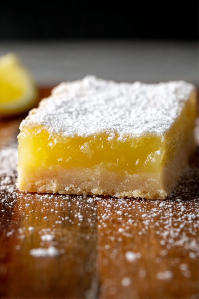 Bright yellow lemon bars from Ina Garten recipes, dusted with powdered sugar and cut into neat squares on a tray.