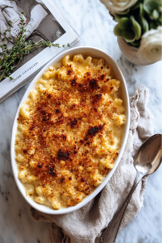 Creamy baked mac and cheese from Ina Garten recipes, topped with golden breadcrumbs and sliced tomatoes.