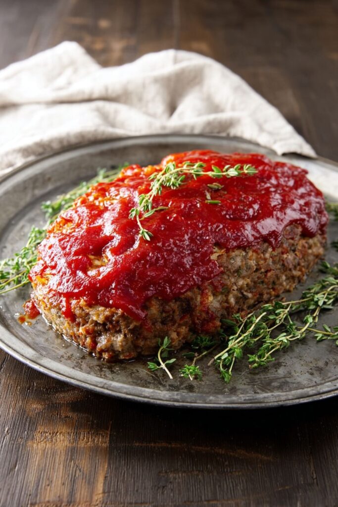 A golden-brown meatloaf inspired by Ina Garten recipes, topped with glossy ketchup glaze and served in thick slices on a white platter.
