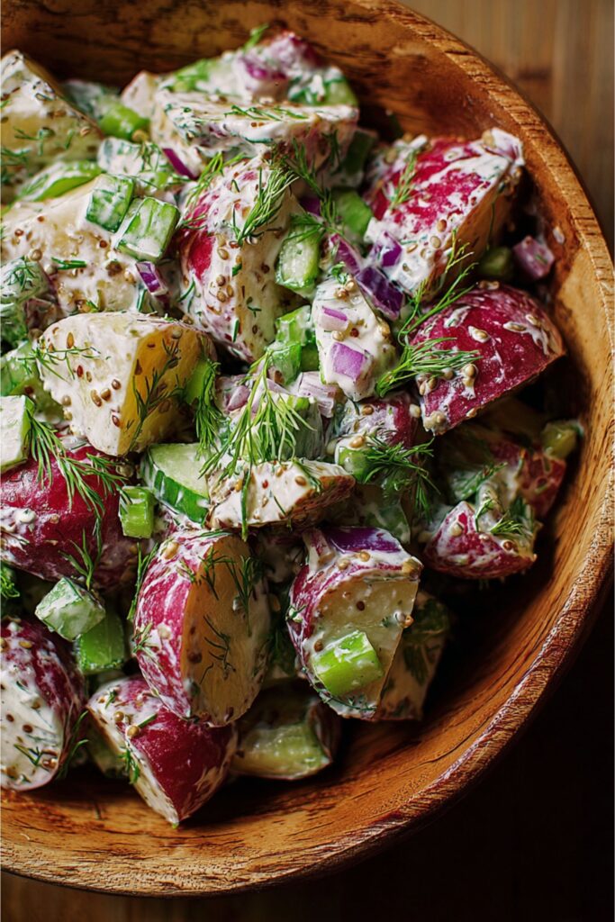 A creamy potato salad from Ina Garten recipes, made with red potatoes, fresh dill, celery, and onions, served in a large white bowl.