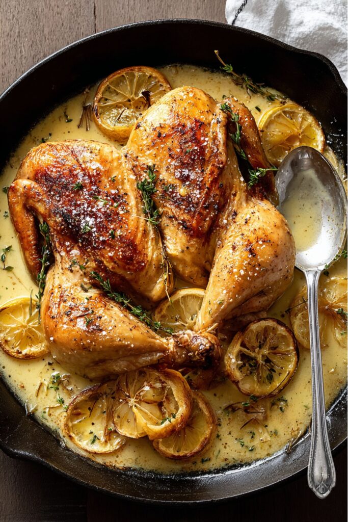 Golden roast chicken from Ina Garten recipes in a cast-iron skillet, surrounded by lemon slices, onions, and garlic.