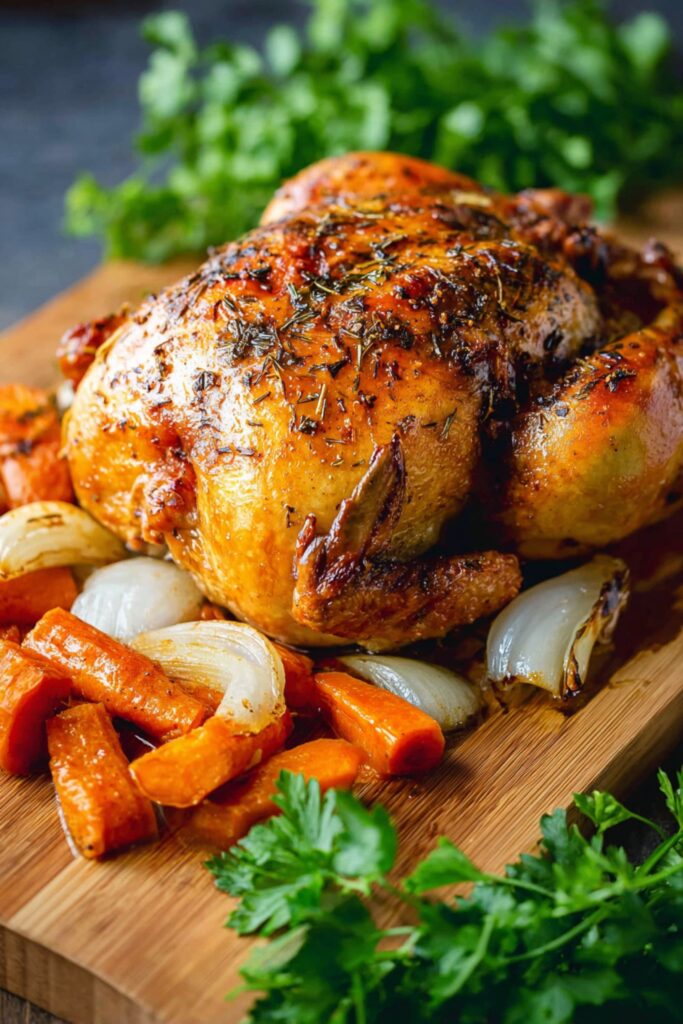 A golden roast chicken inspired by Ina Garten recipes, resting on a bed of roasted carrots, fennel, and onions, with fresh thyme and pan drippings.