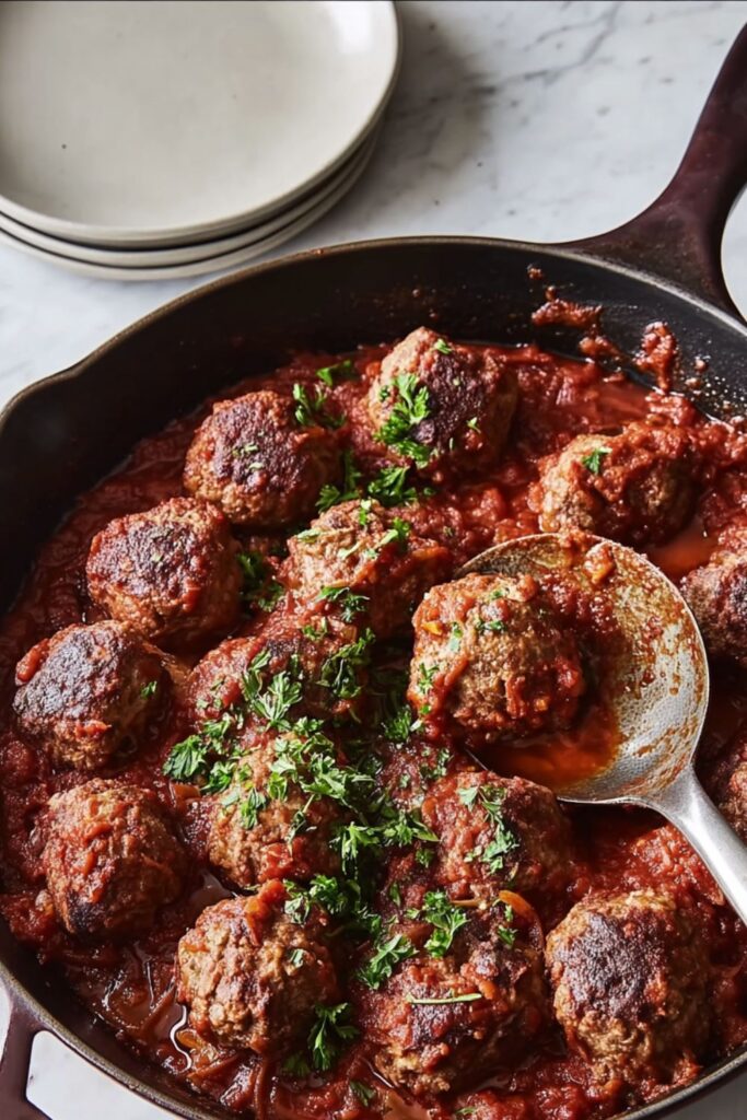 A plate of spaghetti and meatballs from the best Ina Garten recipes, topped with tomato sauce and freshly grated Parmesan, served on a marble countertop.