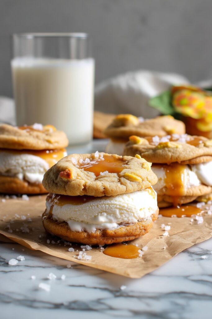 A batch of golden apple caramel cookies sprinkled with flakey salt, displayed on parchment paper as part of simple Thanksgiving desserts.