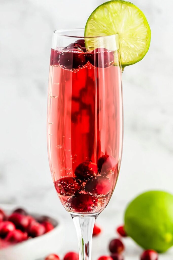 Champagne flute filled with sparkling red beverage and cranberries garnished with lime.