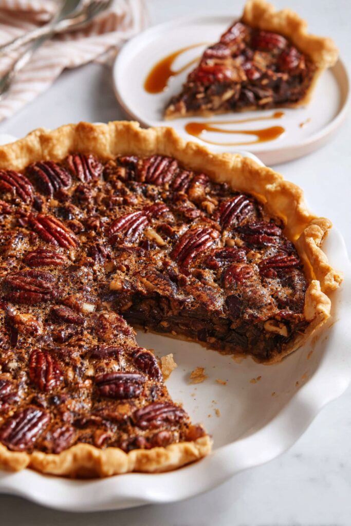 A rich chocolate pecan pie with a golden crust, topped with glossy pecans, perfect for simple Thanksgiving desserts.
