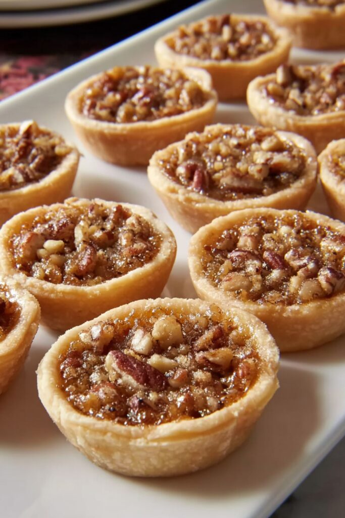 Bite-sized mini pecan pies with golden crusts and glossy pecan filling, perfect for simple Thanksgiving desserts.