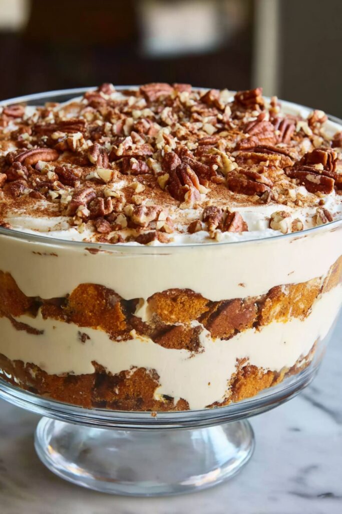 A layered pumpkin trifle with spiced cake cubes, creamy cheesecake pudding, whipped topping, toasted pecans, and toffee bits, perfect for simple Thanksgiving desserts.