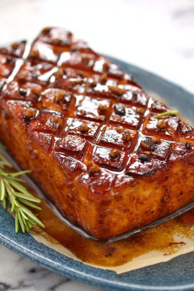 A golden-brown glazed tofu roast scored with a diamond pattern, decorated with whole cloves, and finished with a shiny sweet-savory glaze, served as a vegan Thanksgiving main dish.