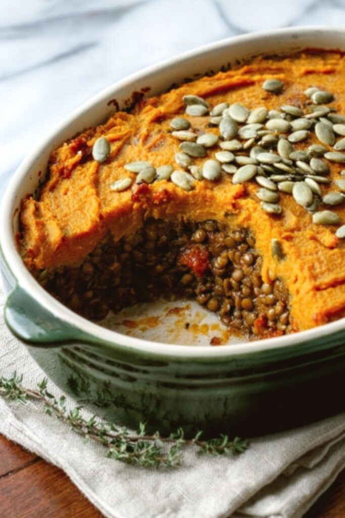 A golden casserole dish of lentil and pumpkin shepherd’s pie topped with toasted pumpkin seeds, served hot as a cozy vegan Thanksgiving main dish.