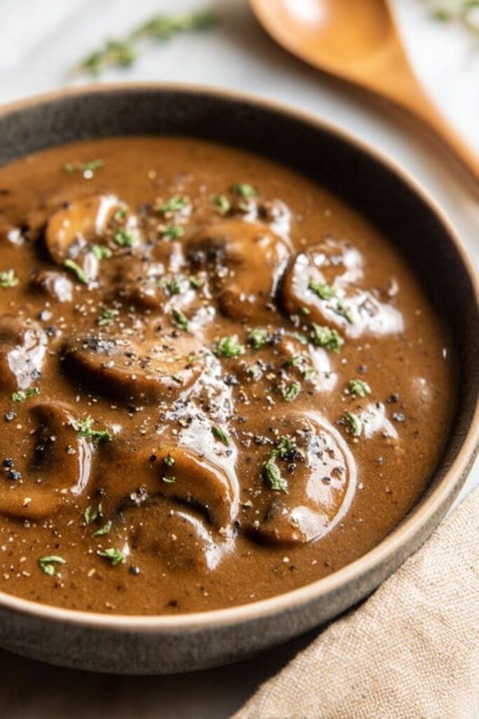 Rich brown vegan mushroom gravy served in a white bowl with fresh rosemary garnish, perfect for pairing with a vegan Thanksgiving main dish.