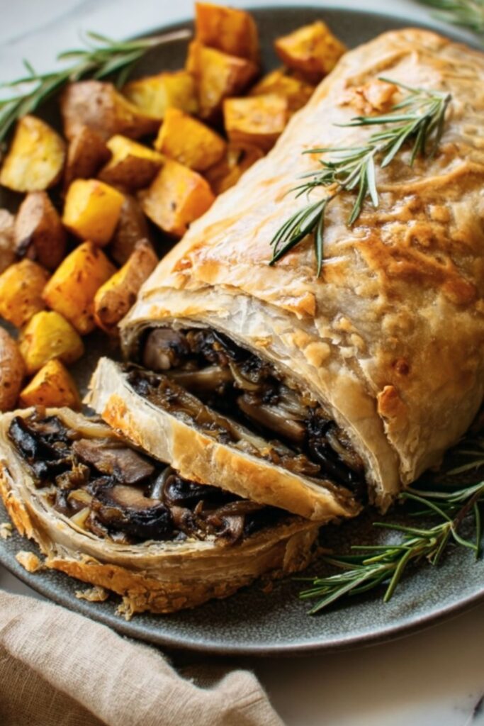 A golden-brown vegan mushroom Wellington wrapped in flaky puff pastry, filled with mushrooms, walnuts, and caramelized onions, sliced to reveal its savory layers, served as a plant based Thanksgiving main dish.