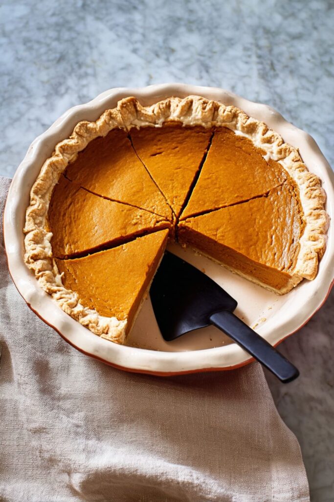 Golden brown vegan pumpkin and butternut squash pie sliced neatly in a flaky crust, perfect for a dairy free Thanksgiving dessert.