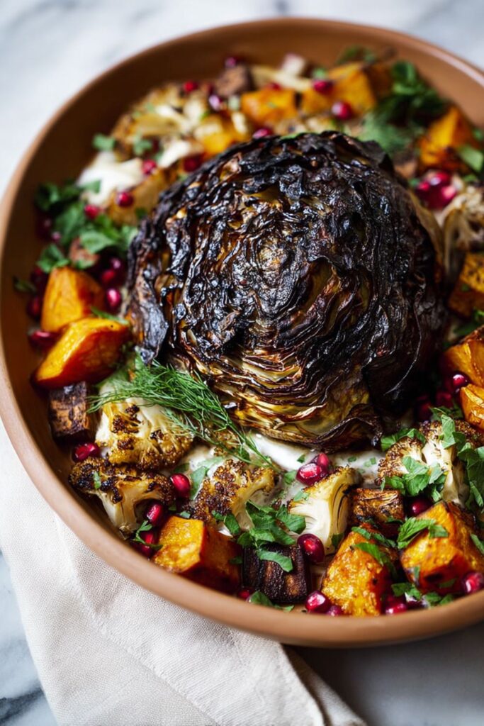 Golden roasted cabbage halves surrounded by colorful roasted potatoes, sweet potatoes, carrots, and squash, served as a hearty vegan Thanksgiving main dish.