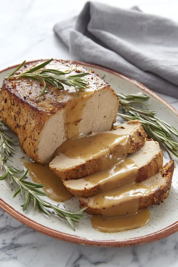 A golden-brown vegan turkey roast made from seitan, wrapped in crispy rice paper skin, sliced and served on a platter with herbs, perfect as a vegan Thanksgiving main dish.