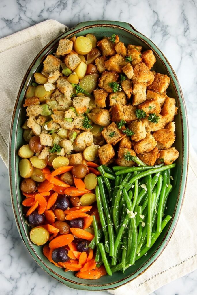 A sheet pan filled with roasted tofu chunks, golden stuffing, baby potatoes, carrots, and green beans, all seasoned and baked together for a complete vegan Thanksgiving dinner.