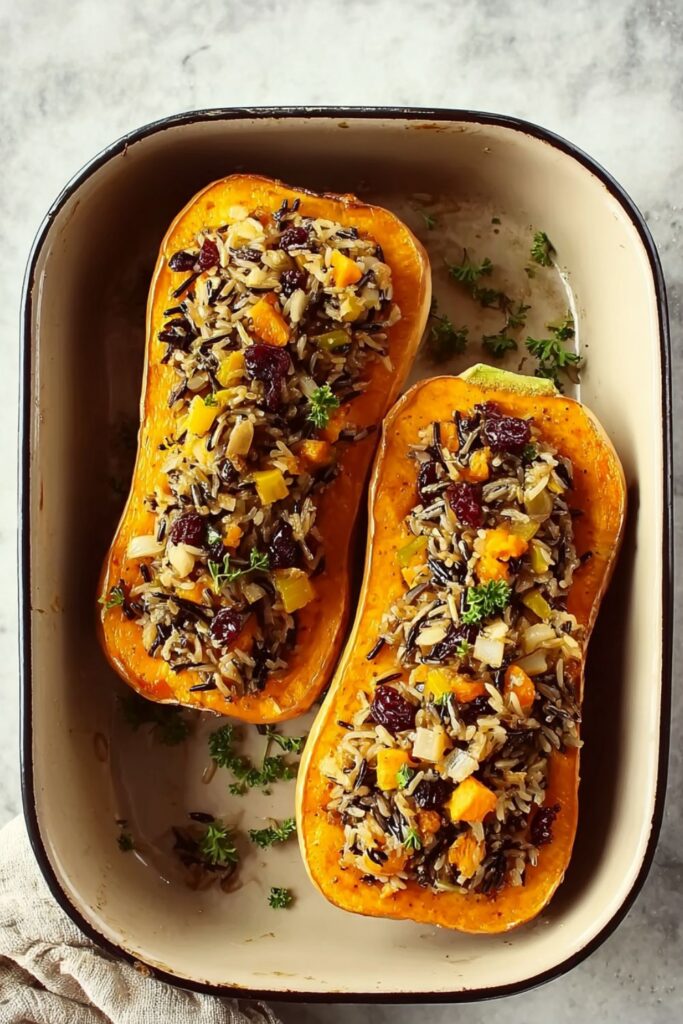 Halved butternut squash roasted golden and filled with wild rice stuffing, cranberries, walnuts, and herbs, served hot as a centerpiece for a vegan Thanksgiving dinner.
