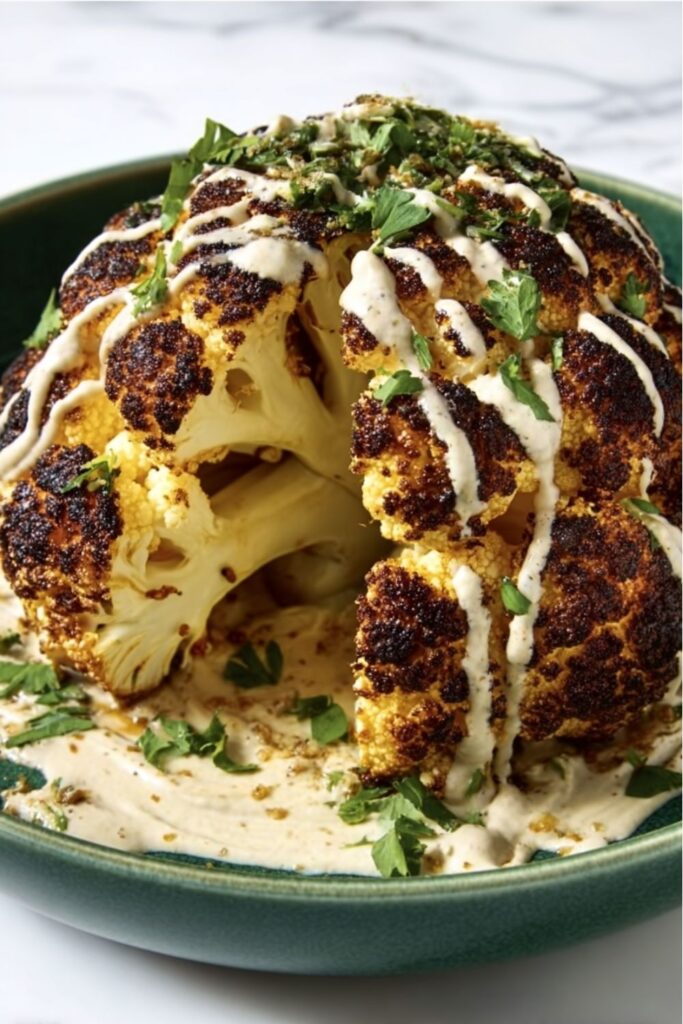 A whole roasted cauliflower seasoned with spices, golden-brown on the outside, served on a platter with creamy tahini sauce and garnished with parsley, perfect for a vegan Thanksgiving dinner.