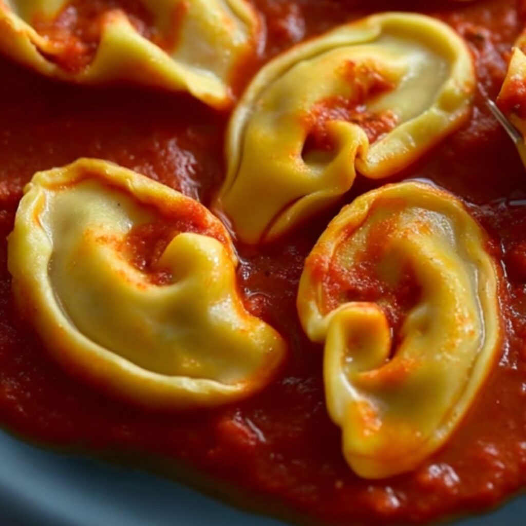 a modern dark plate of ear-shaped beef ravioli golden pasta pouches with crimped rims, nestled in glossy red marinara, steam rising, creamy ricotta-beef center, tender silky texture.