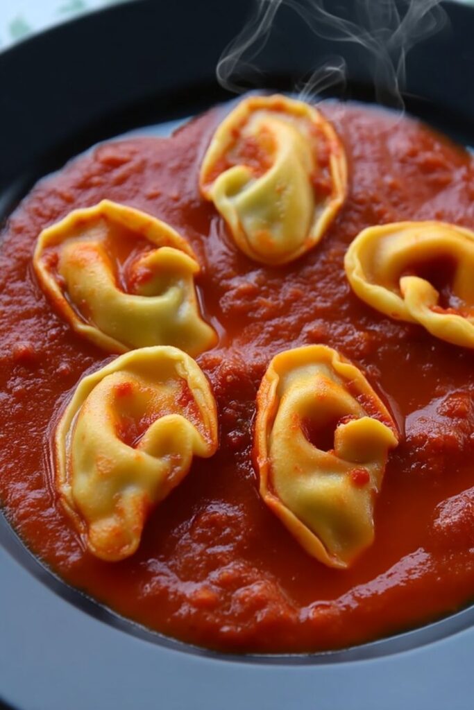 a modern dark plate of ear-shaped beef ravioli golden pasta pouches with crimped rims, nestled in glossy red marinara, steam rising, creamy ricotta-beef center, tender silky texture.