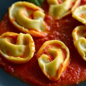 a modern dark plate of ear-shaped beef ravioli golden pasta pouches with crimped rims, nestled in glossy red marinara, steam rising, creamy ricotta-beef center, tender silky texture.