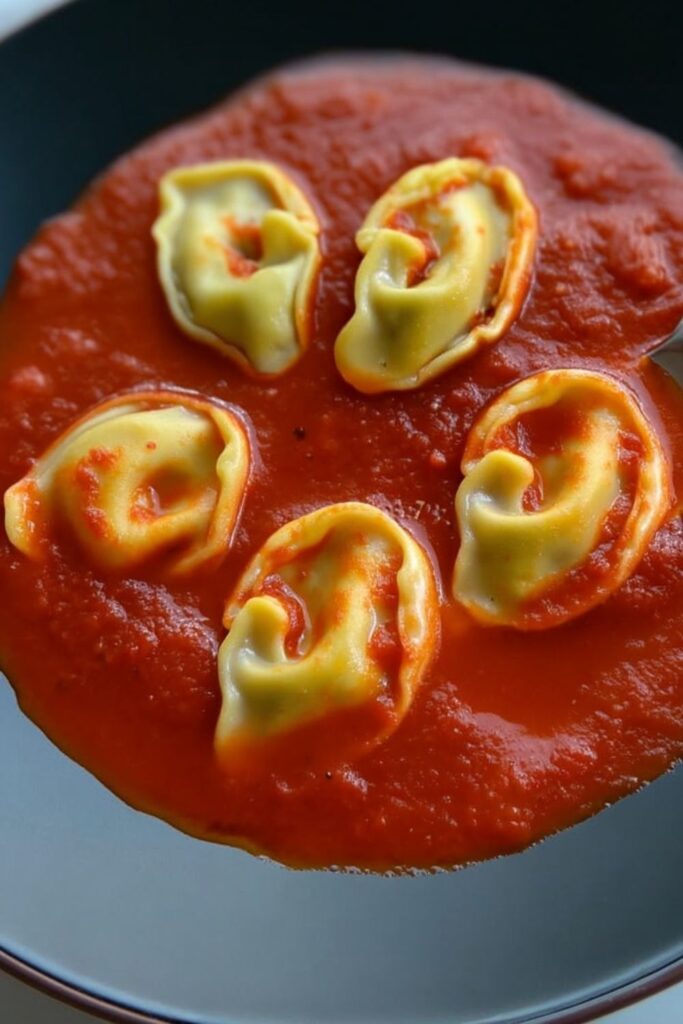 a modern dark plate of ear-shaped beef ravioli golden pasta pouches with crimped rims, nestled in glossy red marinara, steam rising, creamy ricotta-beef center, tender silky texture.