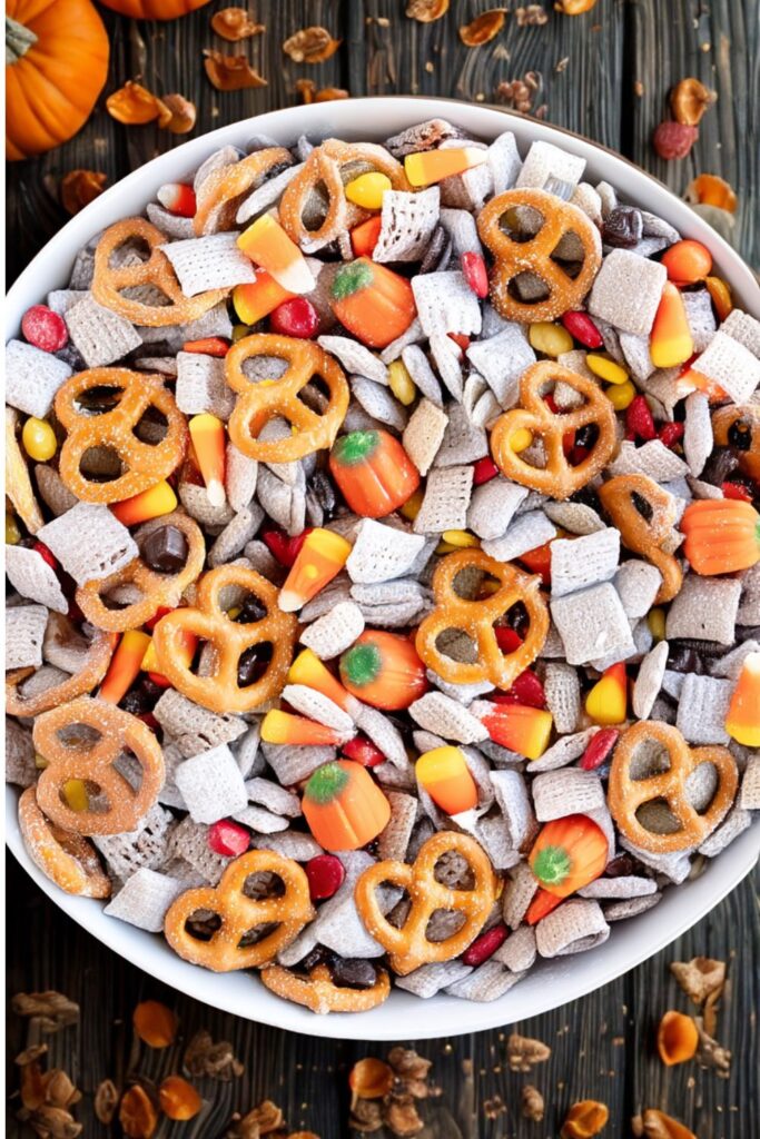 a large white bowl brimming with a colorful autumn snack mix. Square Chex cereal pieces are coated in a dusting of powdered sugar, giving them a snowy, crunchy look. Scattered among them are shiny orange, yellow, and brown M&Ms, glossy candy corn, and small pumpkin-shaped candies with green tops. Golden-brown pretzels add a salty crunch, their smooth sheen contrasting the sugar-coated cereal.