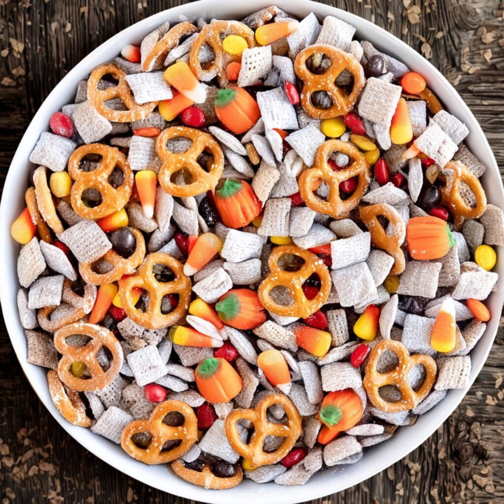 a large white bowl brimming with a colorful autumn snack mix. Square Chex cereal pieces are coated in a dusting of powdered sugar, giving them a snowy, crunchy look. Scattered among them are shiny orange, yellow, and brown M&Ms, glossy candy corn, and small pumpkin-shaped candies with green tops. Golden-brown pretzels add a salty crunch, their smooth sheen contrasting the sugar-coated cereal.