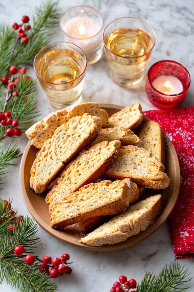 Diagonal slices of golden Anicini biscotti arranged neatly on a parchment-lined tray, dusted with sugar, perfect for Italian Christmas Recipes and a festive Winter Holiday Meals spread.