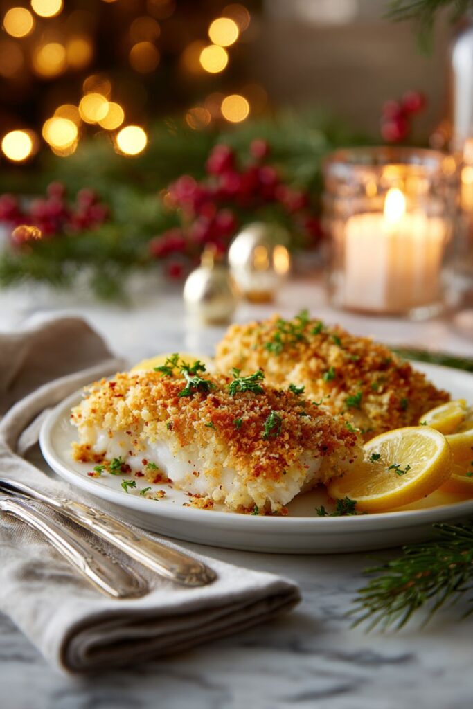 Crispy baked cod fillets topped with golden panko crumbs, lemon zest, and parsley, served as part of an Italian Christmas seafood dinner.