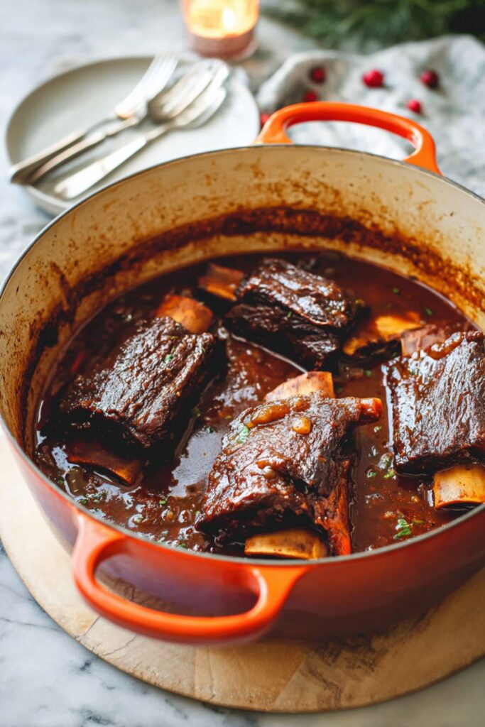 Tender braised short ribs served over creamy mashed potatoes with rich red wine sauce, perfect for a cozy Italian Christmas dinner and festive holiday feast.