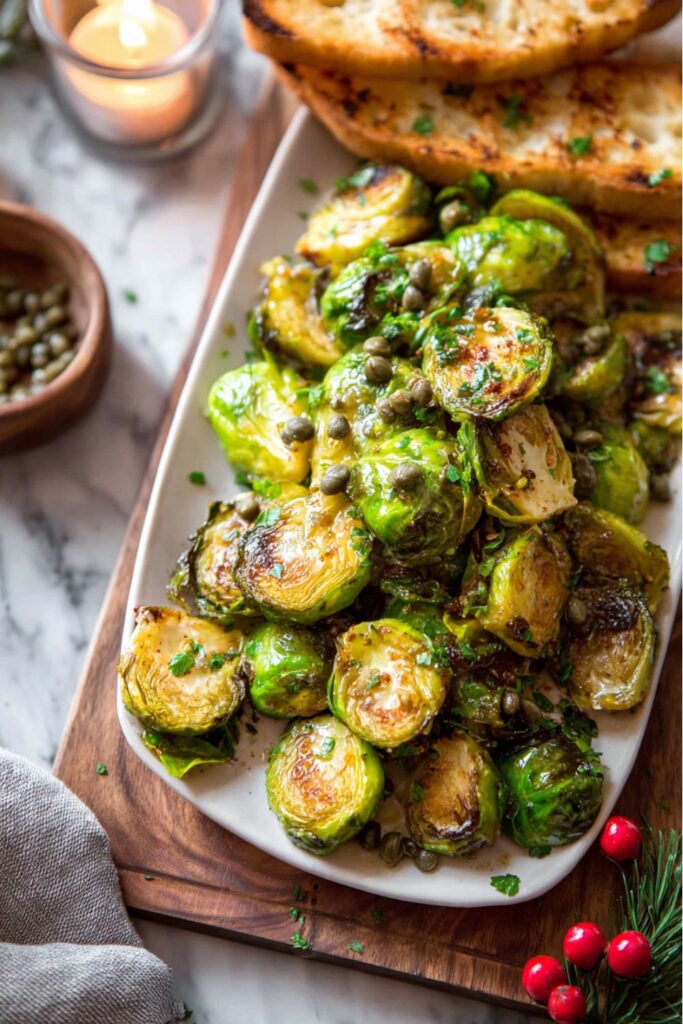 Roasted brussels sprouts topped with a buttery anchovy and caper sauce, garnished with fresh parsley, served as part of an Italian Christmas dinner spread.