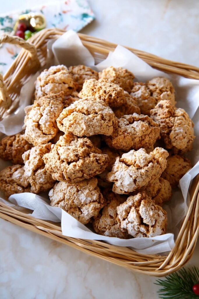 Brutti ma Buoni cookies with golden, cracked tops and crunchy hazelnut texture cooling on parchment paper, part of Italian Christmas Dinner Ideas dessert spread.
