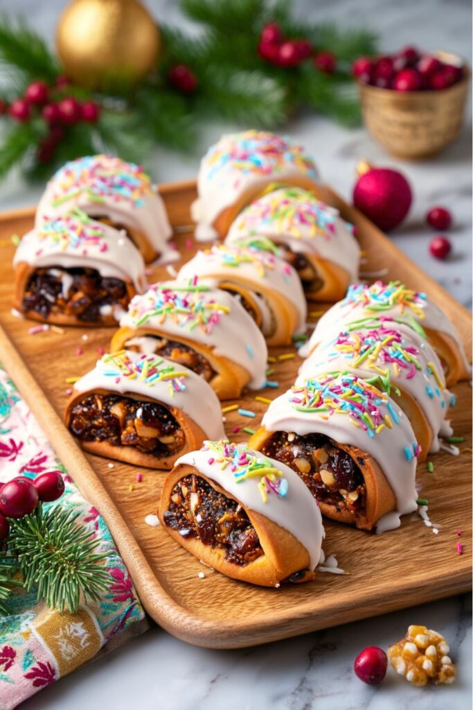 Sicilian buccellati cookies filled with figs and nuts, coated in glossy dark chocolate and topped with colorful sprinkles, served on a holiday platter for an Italian Christmas Dinner Ideas feature.